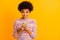 Portrait of positive dreamy inspired girl use smartphone follow famous bloggers read social media news comment share