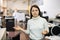 Portrait of positive woman printing office worker