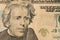 Portrait of President Andrew Jackson on 20 dollar bill . Close u