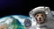 Portrait of a pretty dog astronaut in space on background of the globe