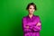 Portrait of pretty elegant person crossed arms empty space ad blank isolated on green color background