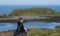 Portrait of puffin looking out to sea in puffin colony in Hebrides