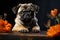 Portrait of a pug with a butterfly on a black background.