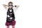 Portrait of punk kid in fancy dress with hands behind head over white background