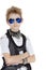 Portrait of punk pre-teen boy wearing sunglasses with arms crossed over white background