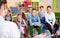 Portrait of pupils listening teacher at lesson in elementary school