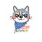 Portrait puppy in a bandana around his neck. Dog with the inscription fashion husky. Vector illustration in cartoon