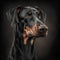 Portrait of a purebred black Doberman dog on a dark background