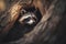 Portrait of a raccoon looking out of a hole in a tree