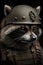 Portrait of a raccoon in a military helmet on a black background