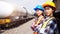 Portrait of Railway industrial workers with a freight train