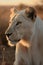 Portrait of a rare white lioness in savanna under sunlight.
