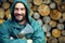 Portrait of a real bearded man with an axe. Bearded lumberjack with an ax in his hand. A man with an ax against the background of