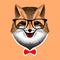 Portrait of a red fox in glasses. face fox with red bow-tie. sly fox smiles. hipster style. Stylized vector. Sketch for poster,