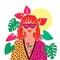 Portrait of a red hair woman in the urban jungle. Fashion print. Vector illustration