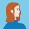 Portrait of a red haired woman in blue sweter. The head of a European girl in profile. Social Media Avatar. Vector Flat