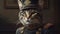 portrait regal cat in vintage military suit, digital art illustration, Generative AI