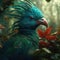 Portrait Of A Resplendent Quetzal With Leaves Fused With The Green Leaves And Roots. Generative AI