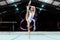 Portrait, ribbon and motion blur with a black woman gymnast in a studio for olympics dance training or exercise. Fitness