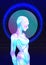 Portrait of robot android woman in retro futurism style. Vector illustration . of a cyborg in glowing neon bright colors