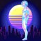 Portrait of robot android woman in retro futurism style. Vector illustration . of a cyborg in glowing neon bright colors