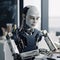 a portrait of a robot sitting at a desk. Generative AI