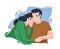 Portrait of romantic couple against blue blot on background. Boyfriend and girlfriend hugging or cuddling. Man and woman