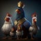 Portrait of a royal family of chickens with crowns on their heads