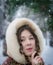 Portrait russian girl smile in national kerchief and fur coat on