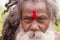 Portrait of Sadhu, holy man in Pashupatinath Temple, Kathmandu, Nepal. Close up