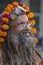 Portrait of a Sadhu with Unique Headgear made from Flowers at Barsana,Uttarpradesh,India
