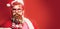 Portrait of a Santa Claus on red background isolated, banner. Modern Portrait of a Santa Claus.