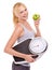 Portrait, scale and happy woman with apple for diet, benefits or food to lose weight in studio. Healthy eating