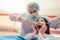 Portrait of scared patient close her mouth at dentist clinic. dental care problem