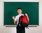 Portrait of a school boy looking for school supplies in his backpack, blackboard background - back to school and education concept