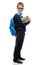 portrait of a schoolboy with a ball and textbooks on a white background in the studio