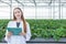 portrait scientist in large green house organic strawberry agriculture farm for plant research working woman