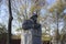 Portrait sculpture of hero Gerasim Kurin in the center of Pavlovsky Posad, Russia. Sunny autumn view.