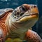 Portrait of a sea turtle close-up on a dark background
