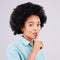 Portrait, secret and black woman with finger on lip, silence and girl against a studio white background. Face, African