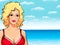 Portrait of the seductive blonde in red on the sea coast, an illustration