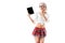 portrait of seductive schoolgirl in short plaid skirt pointing at tablet with blank screen