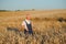 Portrait of senior farmer agronomist in wheat field checking crops before harvest. Successful organic food production and