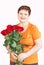Portrait of senior woman with bouquet (bunch) of red roses.