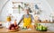 Portrait seniors Asian woman preparing to make fruit and vegetable juice in the kitchen.