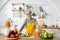 Portrait seniors Asian woman preparing to make fruit and. vegetable juice in the kitchen