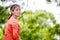 Portrait of serene mature woman in garden