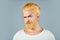 Portrait of serious bearded man. Barbershop dyed beard and mustache. Handsome male portrait, closeup face.