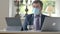 Portrait of serious Caucasian man in suit and face mask agree and disagree at camera. Confident handsome businessman