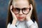 Portrait of Serious Pensive Schoolgirl in Glasses